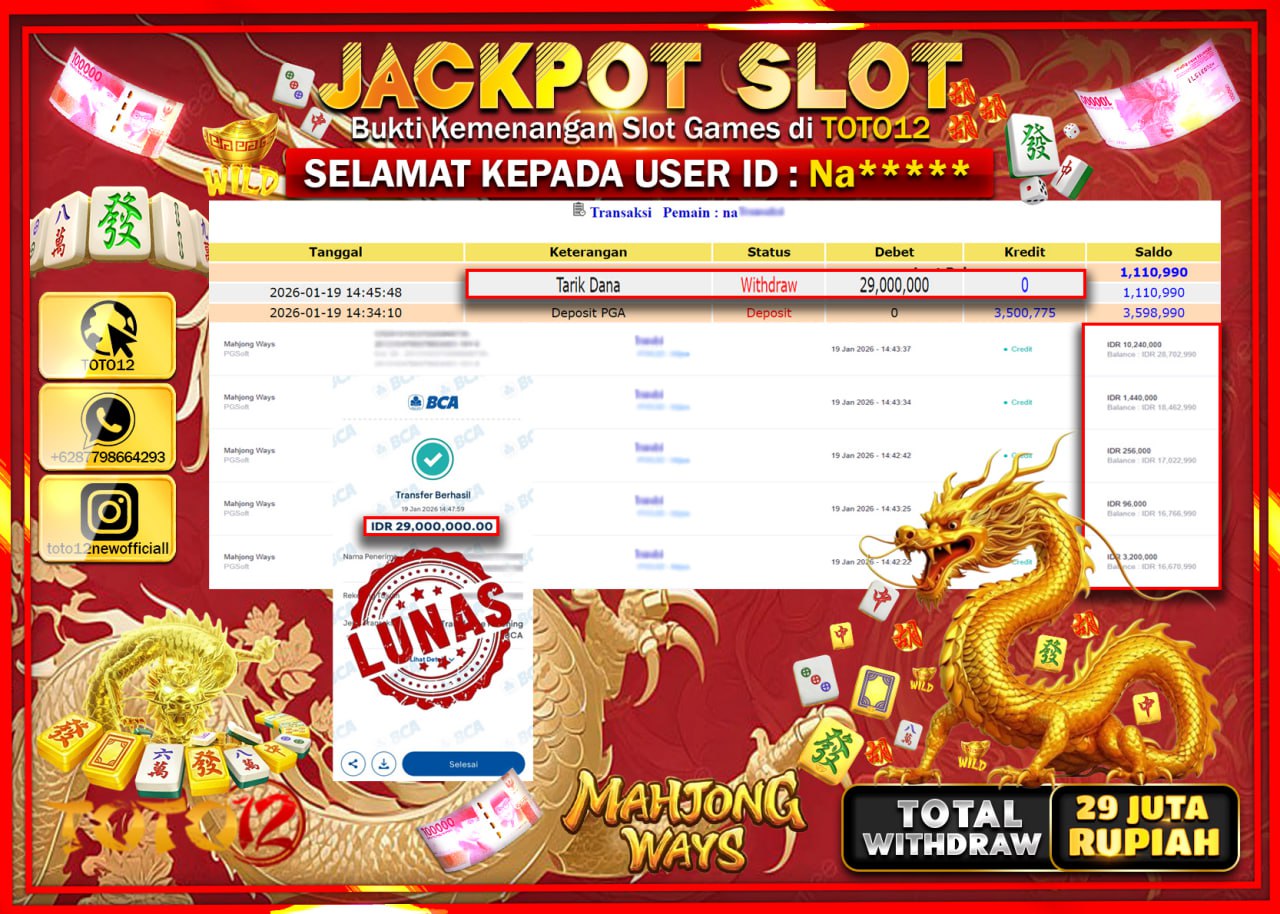 HANYA DI TOTO12 JP PASTI DI BAYAR LUNAS DAN CEPAT!!!!!! JACKPOT SLOT GAME (MAHJONG WAYS) Rp.29.000.000 !!!!