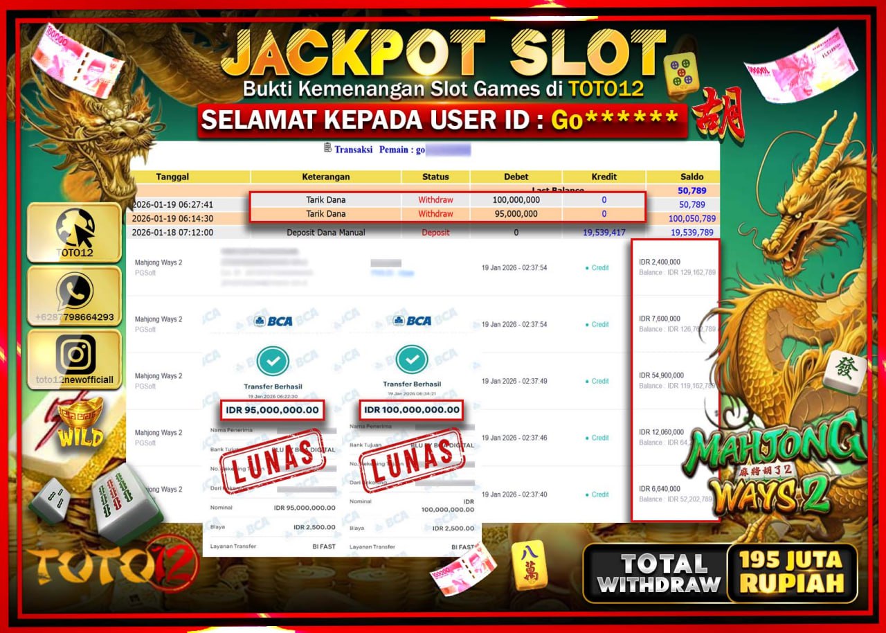 HANYA DI TOTO12 JP PASTI DI BAYAR LUNAS DAN CEPAT!!!!!! JACKPOT SLOT GAME (MAHJONG WAYS 2) Rp.195.000.000 !!!!
