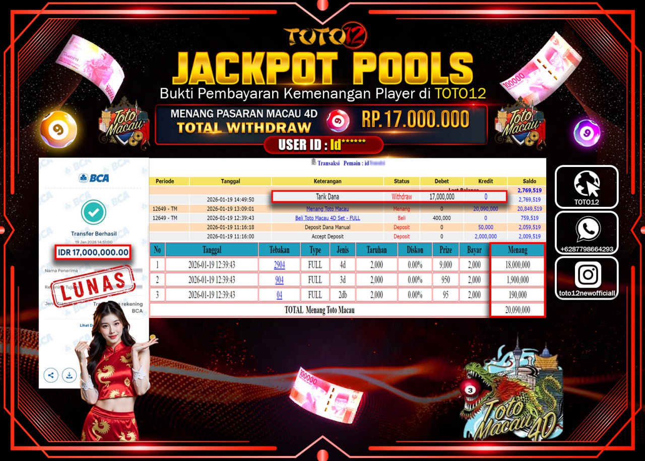 HANYA DI TOTO12 JP PASTI DI BAYAR LUNAS DAN CEPAT!!!!!! JACKPOT POOLS PASARAN (MACAU 4D) Rp.17.000.000 !!!!