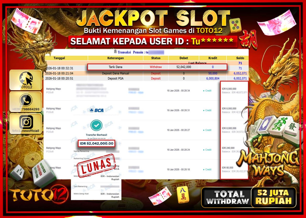 HANYA DI TOTO12 JP PASTI DI BAYAR LUNAS DAN CEPAT!!!!!! JACKPOT SLOT GAME (MAHJONG WAYS) Rp.52.042.000 !!!!