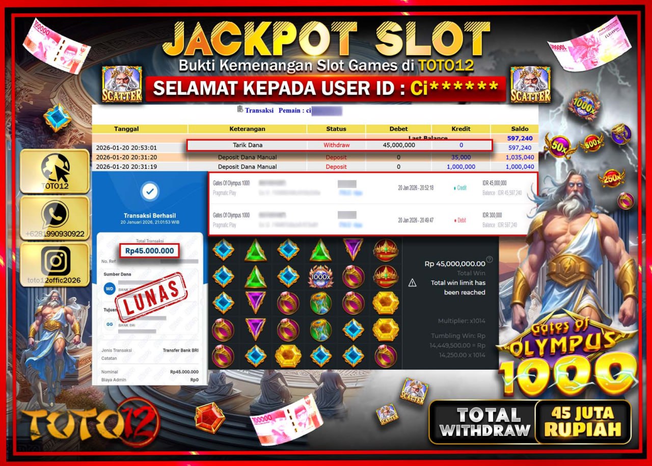 HANYA DI TOTO12 JP PASTI DI BAYAR LUNAS DAN CEPAT!!!!!! JACKPOT SLOT GAME (GATES OF OLYMPUS 1000) Rp.45.000.000 !!!!