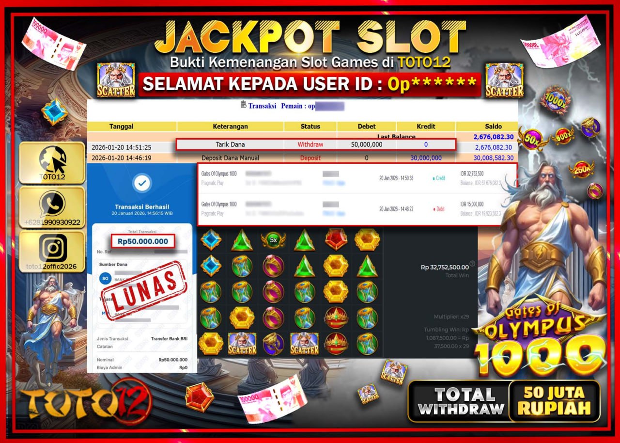 HANYA DI TOTO12 JP PASTI DI BAYAR LUNAS DAN CEPAT!!!!!! JACKPOT SLOT GAME (GATES OF OLYMPUS 1000) Rp.50.000.000 !!!!