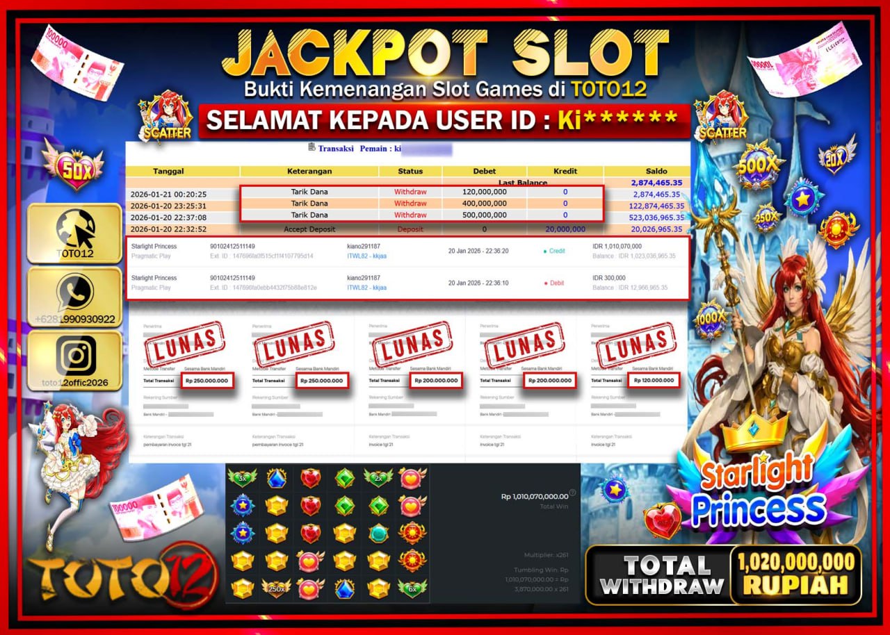 HANYA DI TOTO12 JP PASTI DI BAYAR LUNAS DAN CEPAT!!!!!! JACKPOT SLOT GAME (STARLIGHT PRINCESS) Rp.1.020.000.000 !!!!