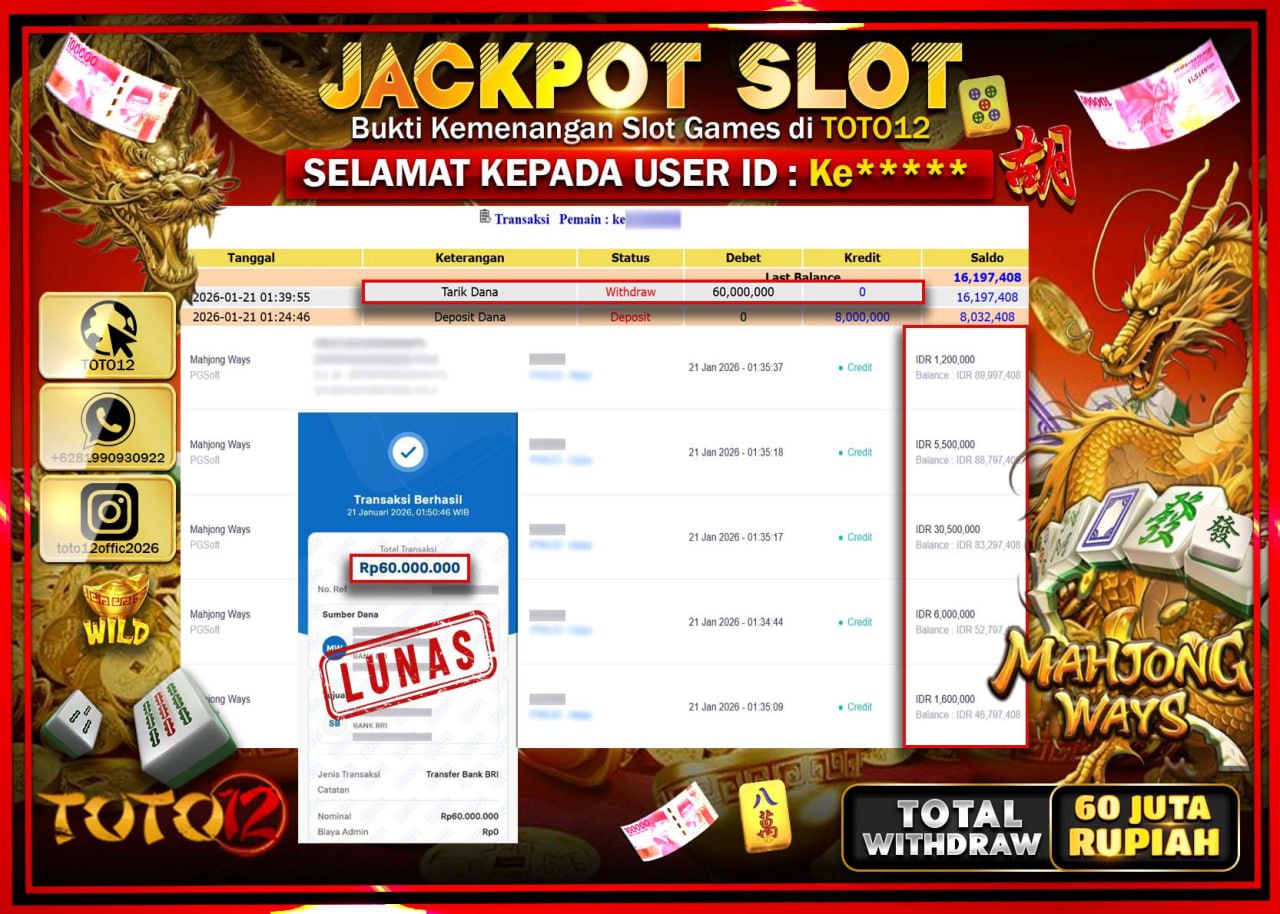 HANYA DI TOTO12 JP PASTI DI BAYAR LUNAS DAN CEPAT!!!!!! JACKPOT SLOT GAME (MAHJONG WAYS) Rp.60.000.000 !!!!