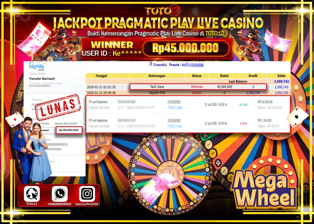 HANYA DI TOTO12 JP PASTI DI BAYAR LUNAS DAN CEPAT!!!!!! JACKPOT PRAGMATIC PLAY LIVE CASINO (MEGA WHEEL) Rp.45.000.000 !!!!