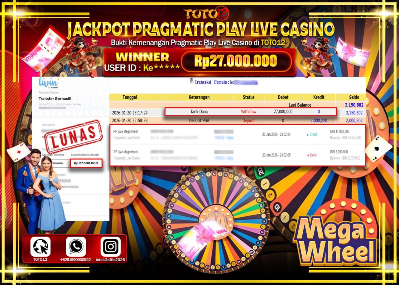 HANYA DI TOTO12 JP PASTI DI BAYAR LUNAS DAN CEPAT!!!!!! JACKPOT PRAGMATIC PLAY LIVE CASINO (MEGA WHEEL) Rp.27.000.000 !!!!