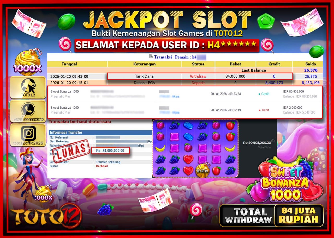HANYA DI TOTO12 JP PASTI DI BAYAR LUNAS DAN CEPAT!!!!!! JACKPOT SLOT GAME (SWEET BONANZA 1000) Rp.84.000.000 !!!!