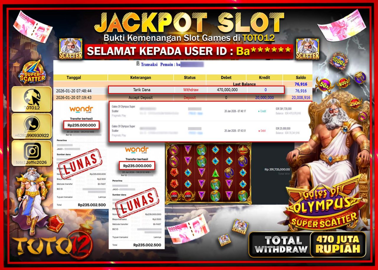HANYA DI TOTO12 JP PASTI DI BAYAR LUNAS DAN CEPAT!!!!!! JACKPOT SLOT GAME (GATES OF OLYMPUS SUPER SCATTER) Rp.470.000.000 !!!!