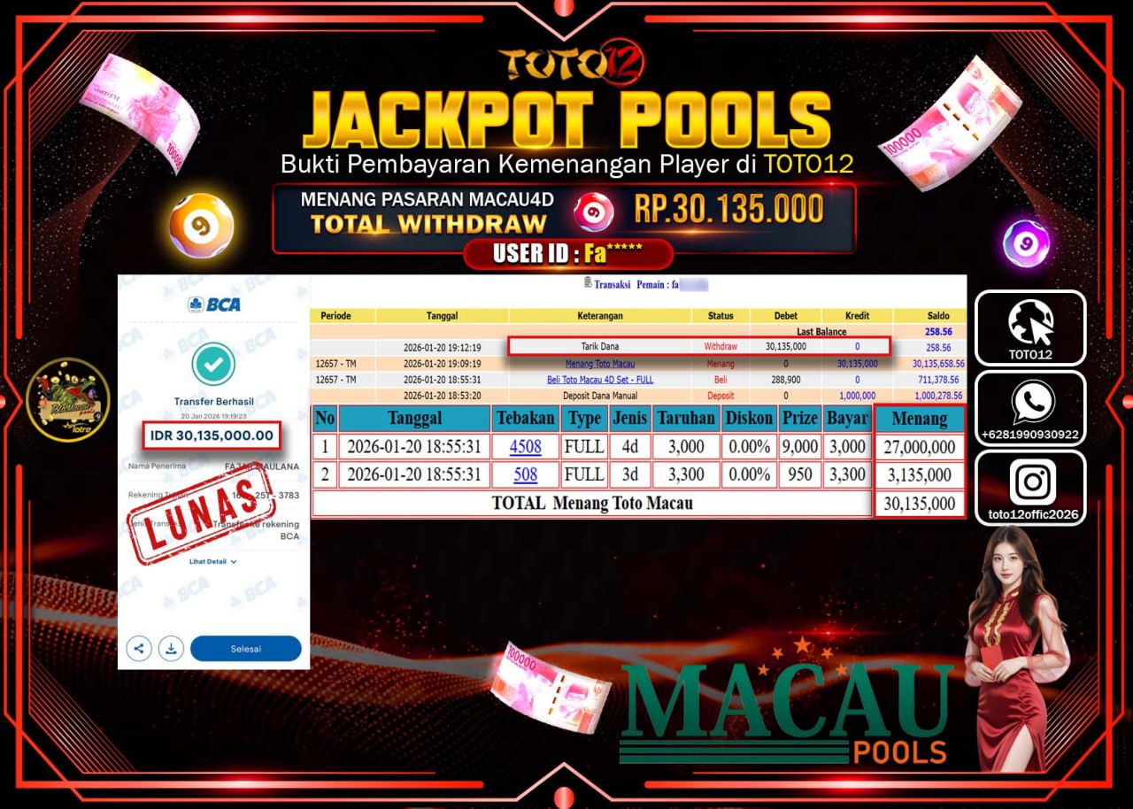 HANYA DI TOTO12 JP PASTI DI BAYAR LUNAS DAN CEPAT!!!!!! JACKPOT POOLS PASARAN (MACAU 4D) Rp.30.135.000 !!!!