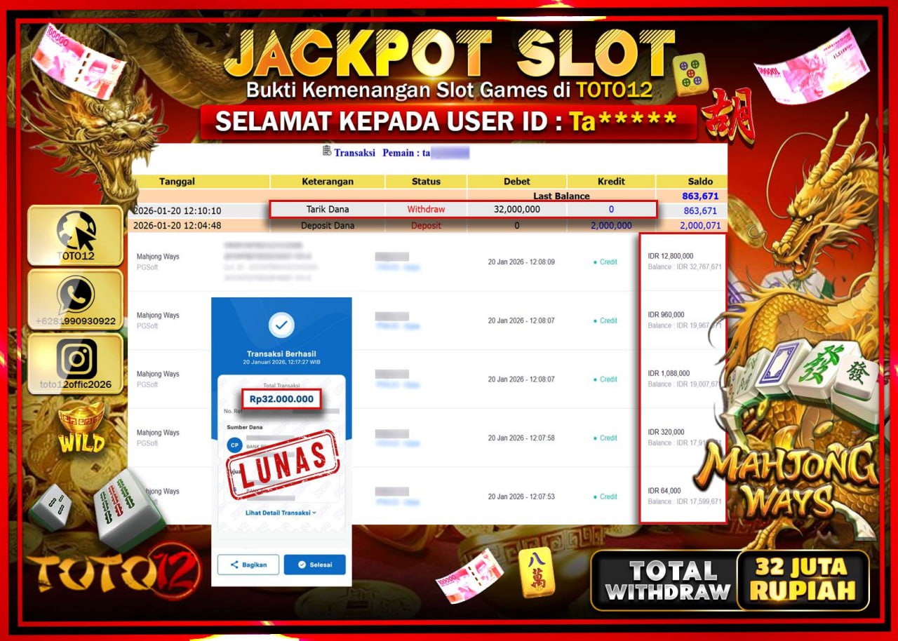 HANYA DI TOTO12 JP PASTI DI BAYAR LUNAS DAN CEPAT!!!!!! JACKPOT SLOT GAME (MAHJONG WAYS) Rp.32.000.000 !!!!