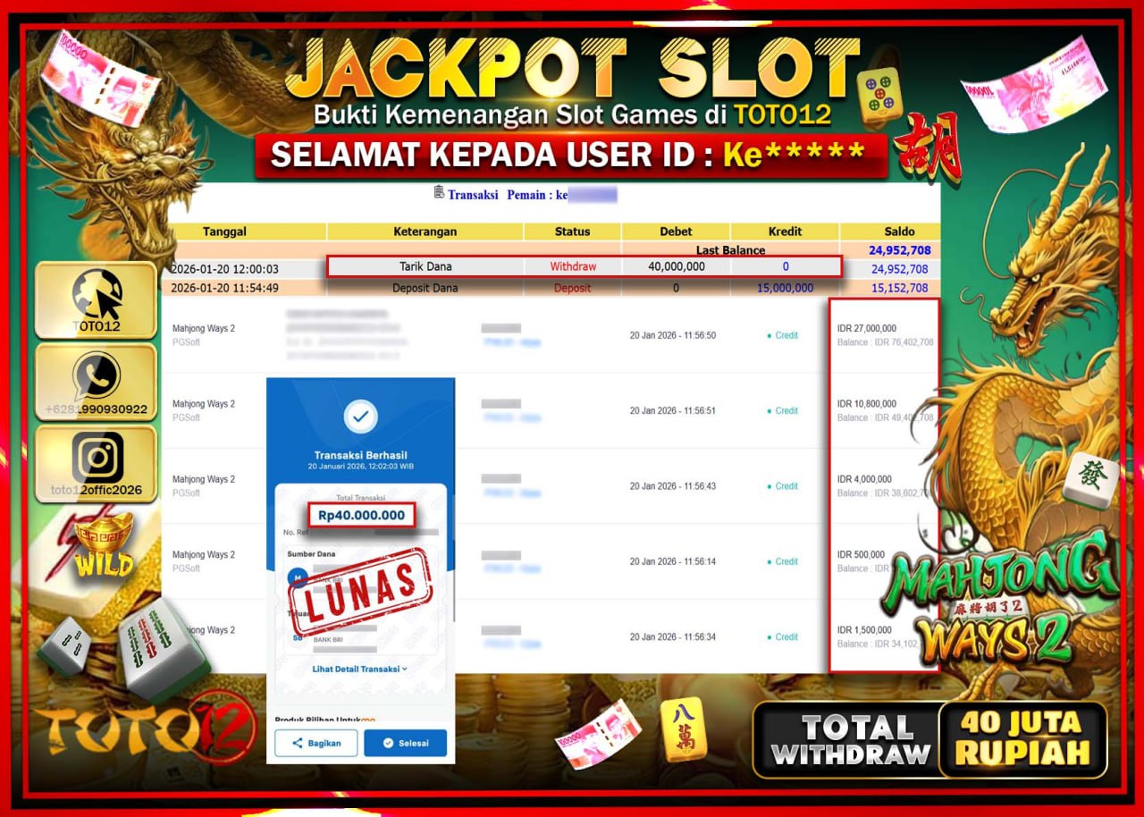 HANYA DI TOTO12 JP PASTI DI BAYAR LUNAS DAN CEPAT!!!!!! JACKPOT SLOT GAME (MAHJONG WAYS 2) Rp.40.000.000 !!!!