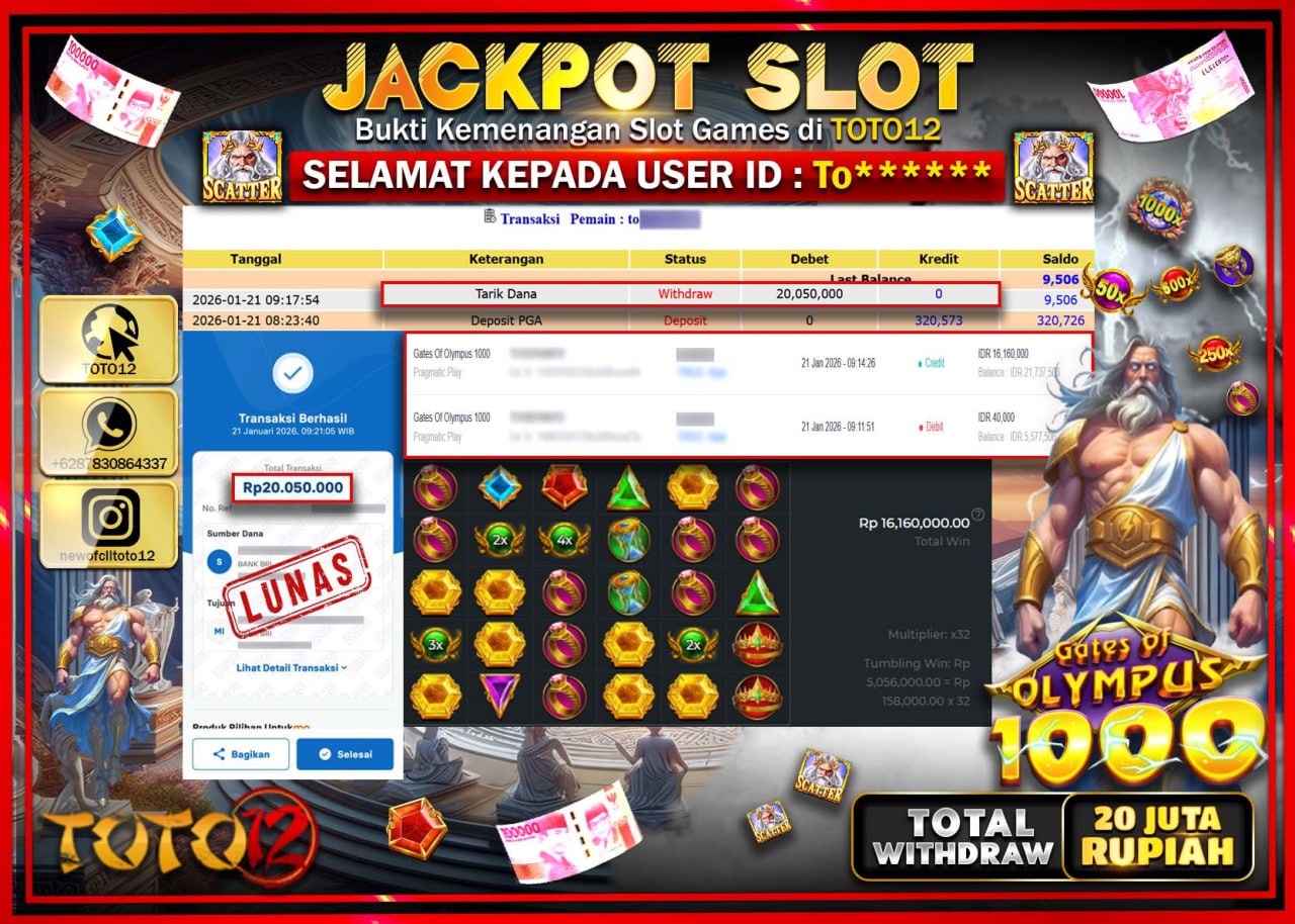 HANYA DI TOTO12 JP PASTI DI BAYAR LUNAS DAN CEPAT!!!!!! JACKPOT SLOT GAME (GATES OF OLYMPUS 1000) Rp.20.050.000 !!!!