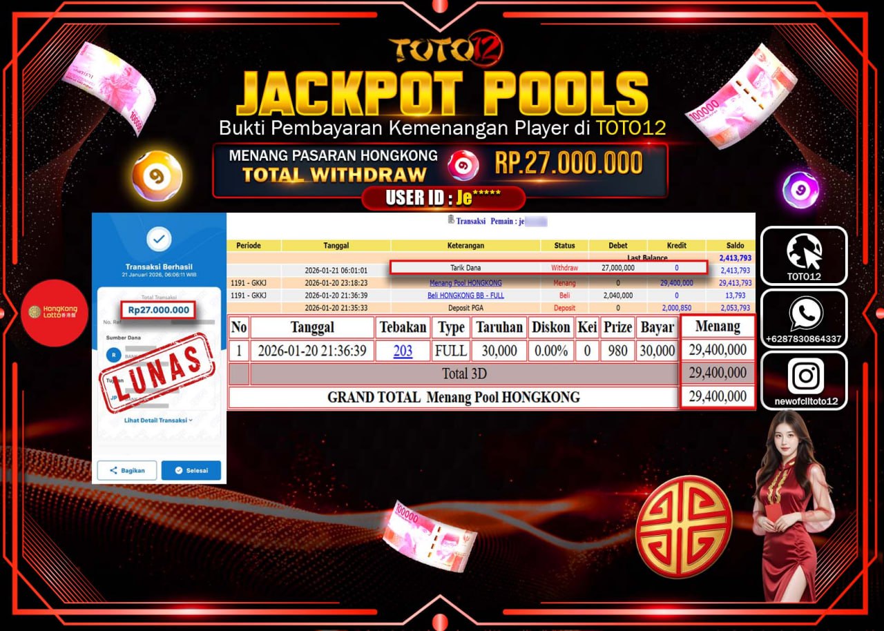 HANYA DI TOTO12 JP PASTI DI BAYAR LUNAS DAN CEPAT!!!!!! JACKPOT POOLS PASARAN (HONGKONG) Rp.27.000.000 !!!!