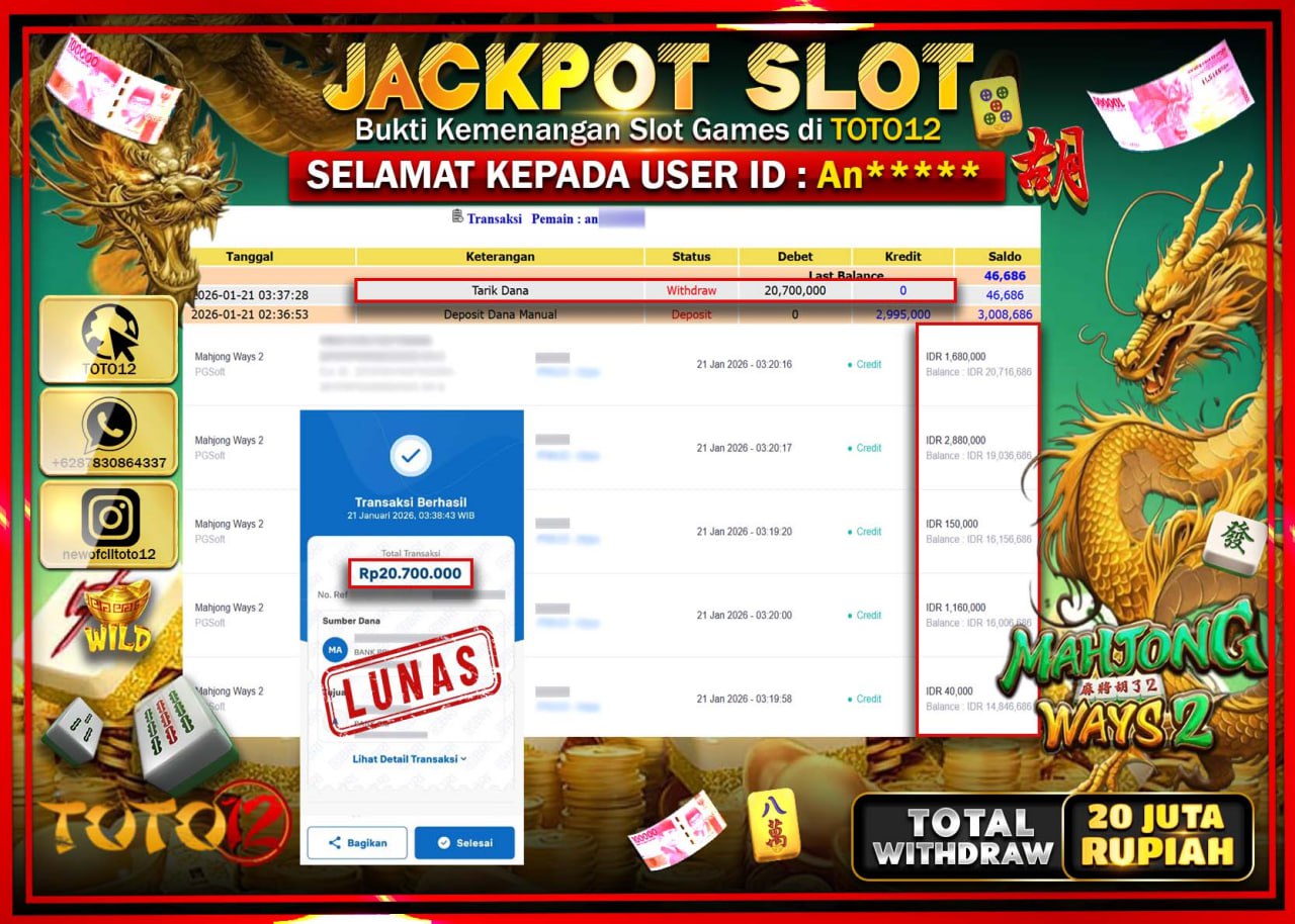 HANYA DI TOTO12 JP PASTI DI BAYAR LUNAS DAN CEPAT!!!!!! JACKPOT SLOT GAME (MAHJONG WAYS 2) Rp.20.700.000 !!!!