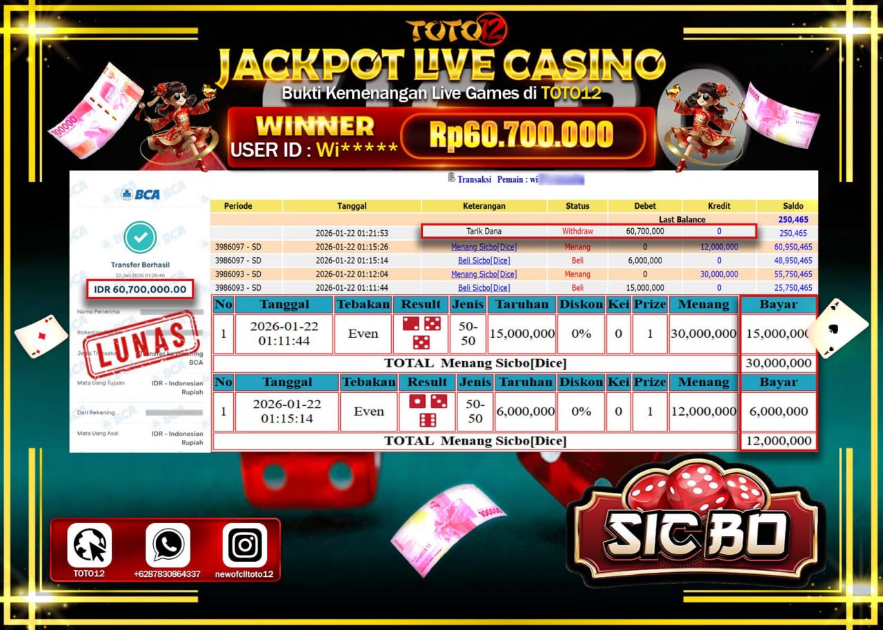 HANYA DI TOTO12 JP PASTI DI BAYAR LUNAS DAN CEPAT!!!!!! JACKPOT LIVE CASINO (SIC BO) Rp.60.700.000 !!!!