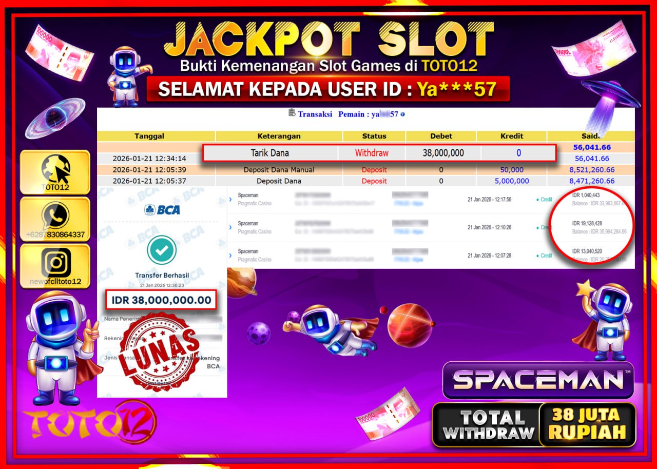 HANYA DI TOTO12 JP PASTI DI BAYAR LUNAS DAN CEPAT!!!!!! JACKPOT SLOT GAME (SPACEMAN) Rp.38.000.000 !!!!