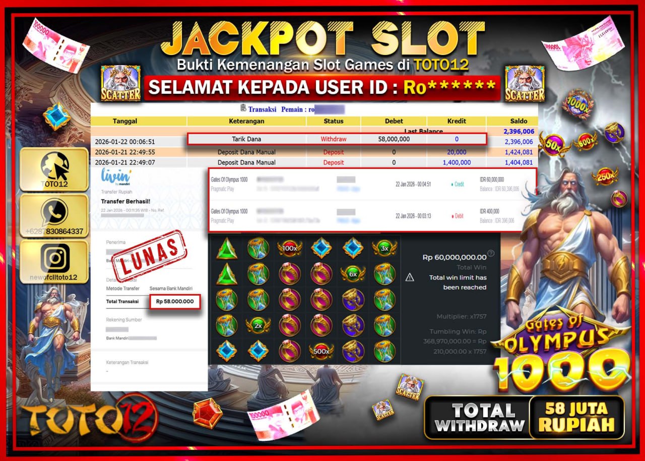HANYA DI TOTO12 JP PASTI DI BAYAR LUNAS DAN CEPAT!!!!!! JACKPOT SLOT GAME (GATES OF OLYMPUS 1000) Rp.58.000.000 !!!!