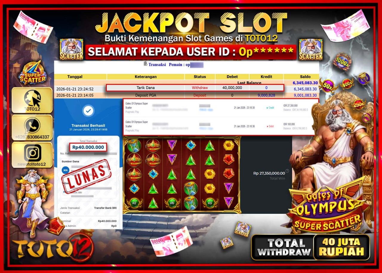 HANYA DI TOTO12 JP PASTI DI BAYAR LUNAS DAN CEPAT!!!!!! JACKPOT SLOT GAME (GATES OF OLYMPUS SUPER SCATTER) Rp.40.000.000 !!!!