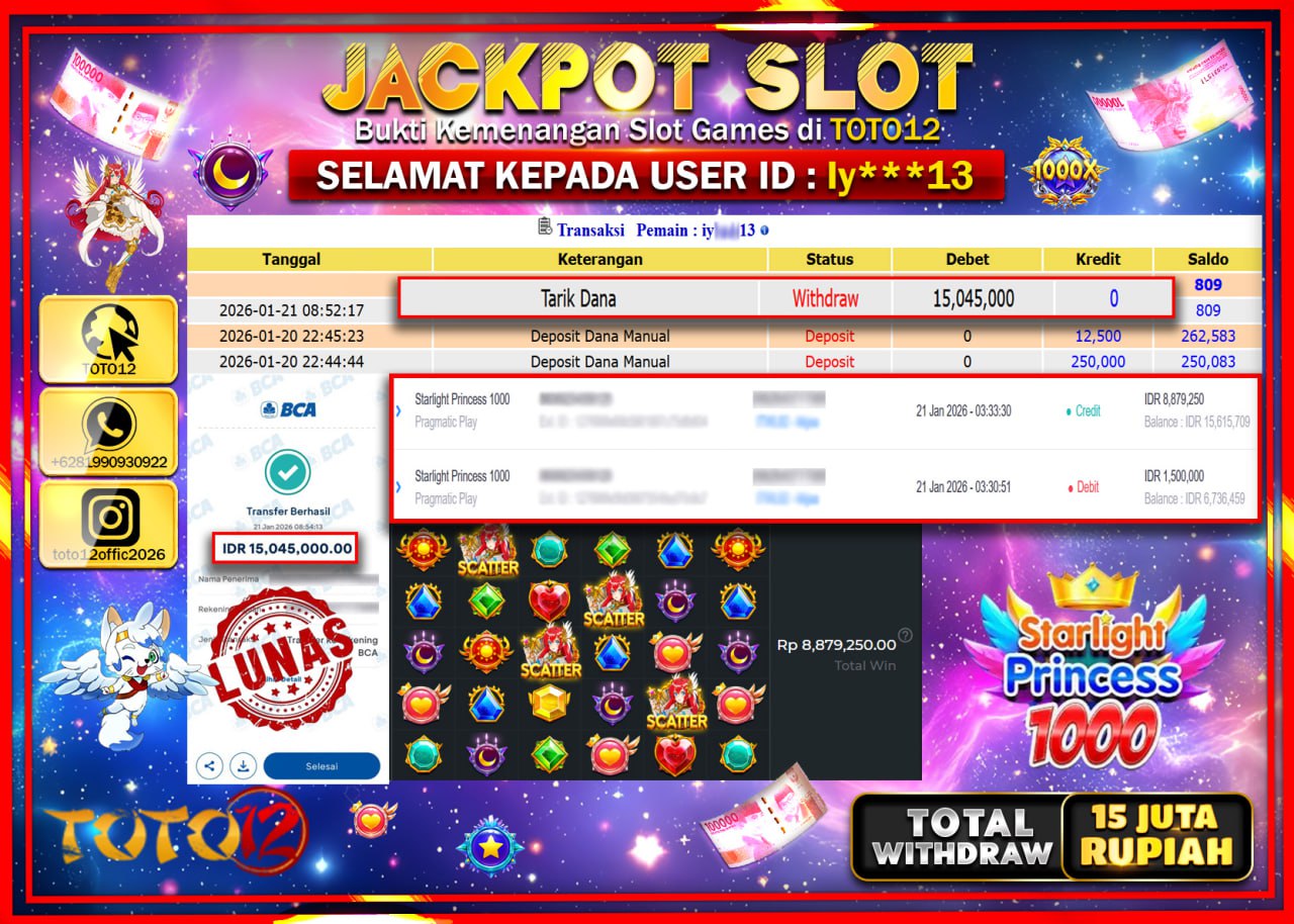 HANYA DI TOTO12 JP PASTI DI BAYAR LUNAS DAN CEPAT!!!!!! JACKPOT SLOT GAME (STARLIGHT PRINCESS 1000) Rp.15.045.000 !!!!