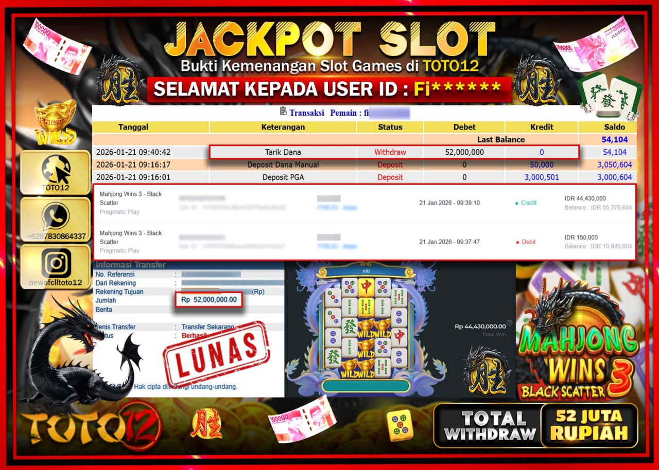 HANYA DI TOTO12 JP PASTI DI BAYAR LUNAS DAN CEPAT!!!!!! JACKPOT SLOT GAME (MAHJONG WINS 3 BLACK SCATTER) Rp.52.000.000 !!!!