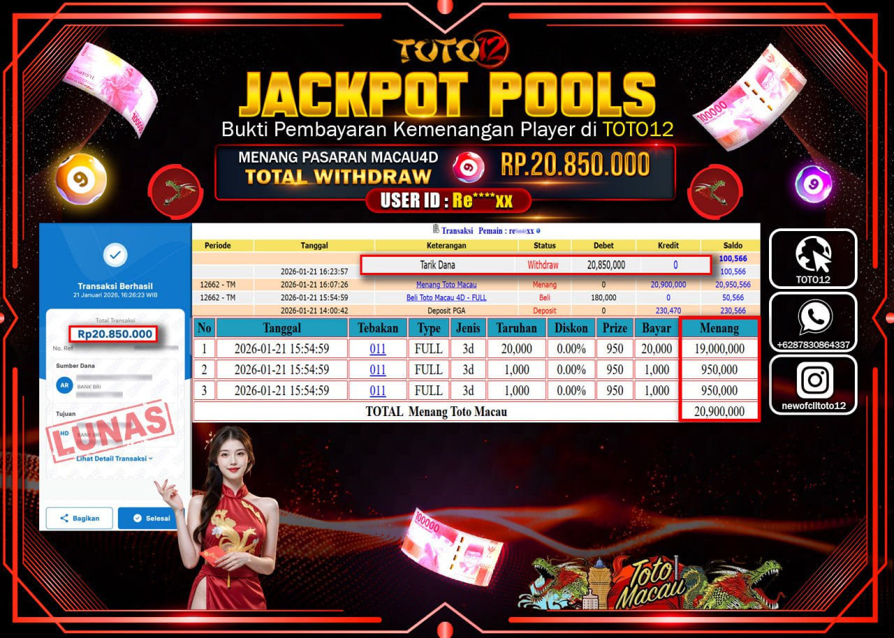 HANYA DI TOTO12 JP PASTI DI BAYAR LUNAS DAN CEPAT!!!!!! JACKPOT POOLS PASARAN (MACAU 4D) Rp.20.850.000 !!!!