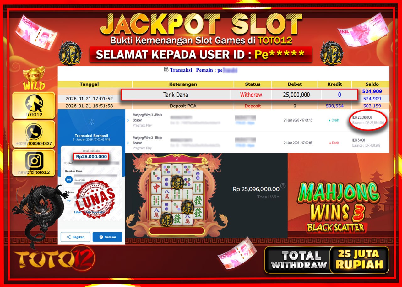HANYA DI TOTO12 JP PASTI DI BAYAR LUNAS DAN CEPAT!!!!!! JACKPOT SLOT GAME (MAHJONG WINS 3 BLACK SCATTER) Rp.25.000.000 !!!!