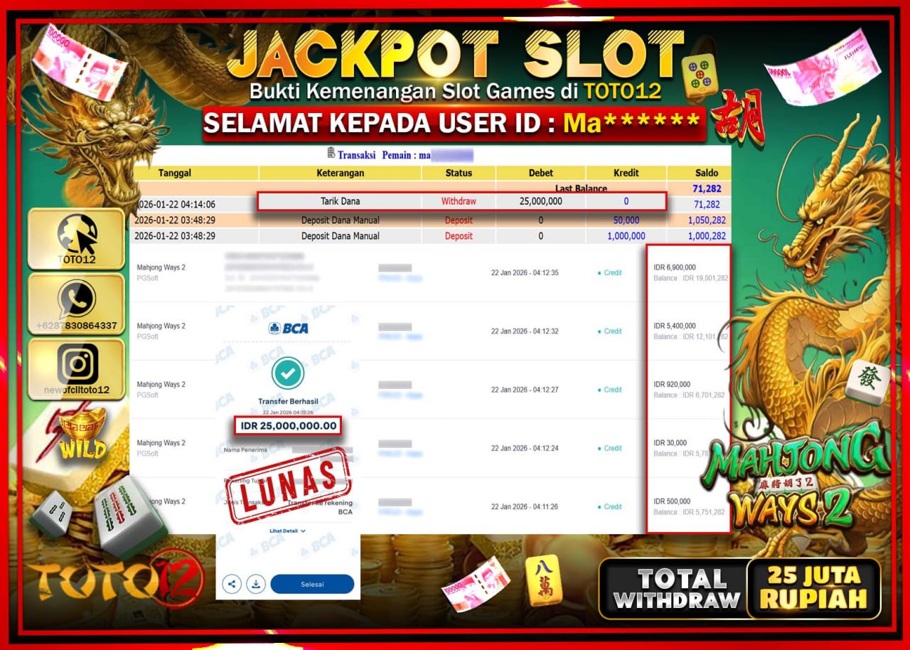 HANYA DI TOTO12 JP PASTI DI BAYAR LUNAS DAN CEPAT!!!!!! JACKPOT SLOT GAME (MAHJONG WAYS 2) Rp.25.000.000 !!!!