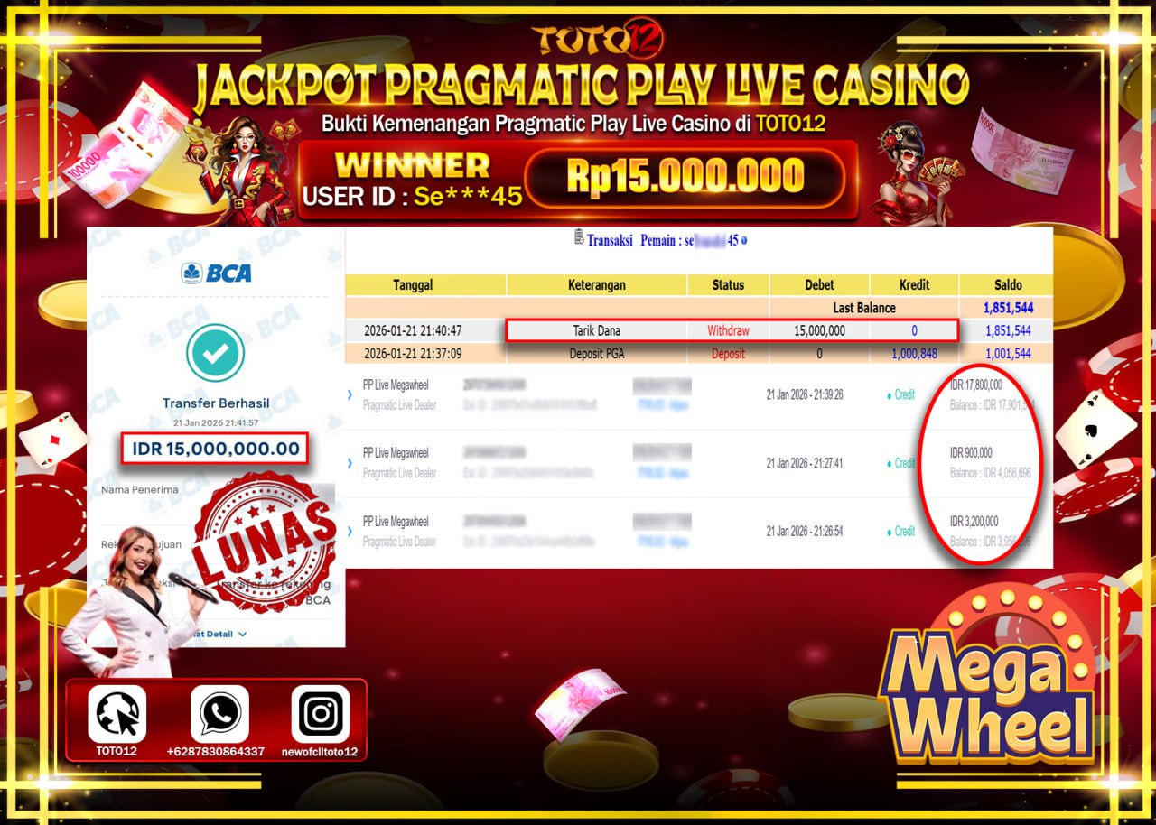 HANYA DI TOTO12 JP PASTI DI BAYAR LUNAS DAN CEPAT!!!!!! JACKPOT PRAGMATIC PLAY LIVE CASINO (MEGA WHEEL) Rp.15.000.000 !!!!