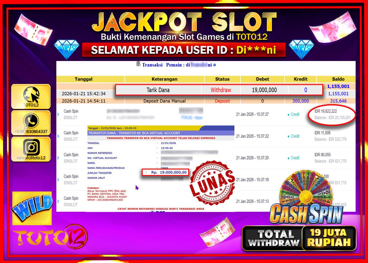 HANYA DI TOTO12 JP PASTI DI BAYAR LUNAS DAN CEPAT!!!!!! JACKPOT SLOT GAME (CASH SPIN) Rp.19.000.000 !!!!