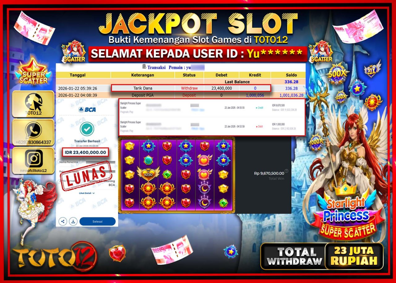 HANYA DI TOTO12 JP PASTI DI BAYAR LUNAS DAN CEPAT!!!!!! JACKPOT SLOT GAME (STARLIGHT PRINCESS SUPER SCATTER) Rp.23.400.000 !!!!