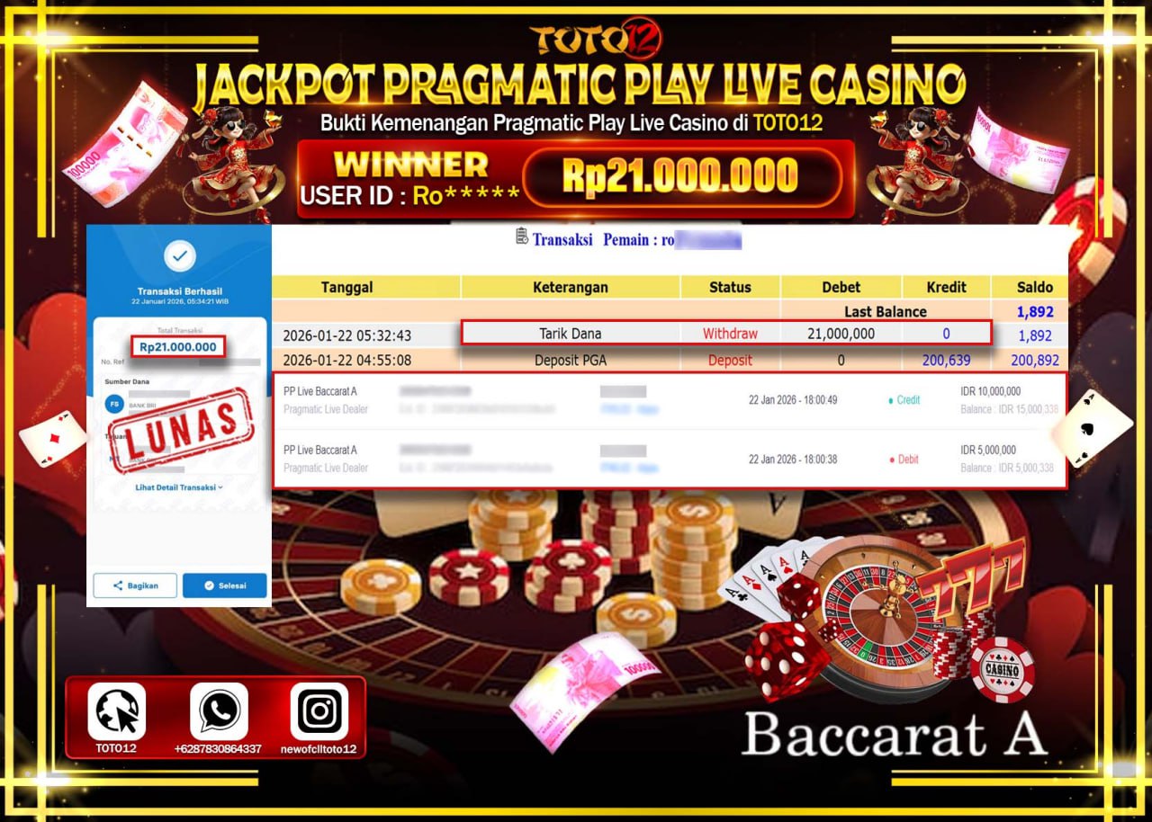 HANYA DI TOTO12 JP PASTI DI BAYAR LUNAS DAN CEPAT!!!!!! JACKPOT PRAGMATIC PLAY LIVE CASINO (LIVE BACCARAT) Rp.21.000.000 !!!!