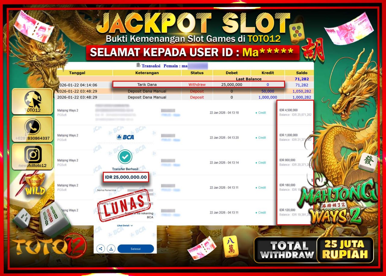 HANYA DI TOTO12 JP PASTI DI BAYAR LUNAS DAN CEPAT!!!!!! JACKPOT SLOT GAME (MAHJONG WAYS 2) Rp.25.000.000 !!!!