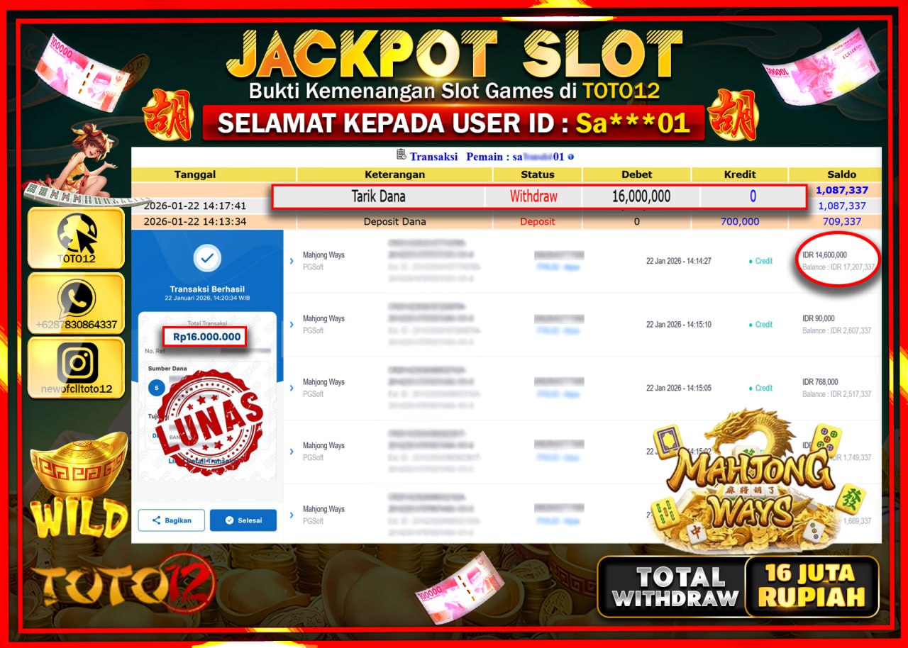 HANYA DI TOTO12 JP PASTI DI BAYAR LUNAS DAN CEPAT!!!!!! JACKPOT SLOT GAME (MAHJONG WAYS) Rp.16.000.000 !!!!