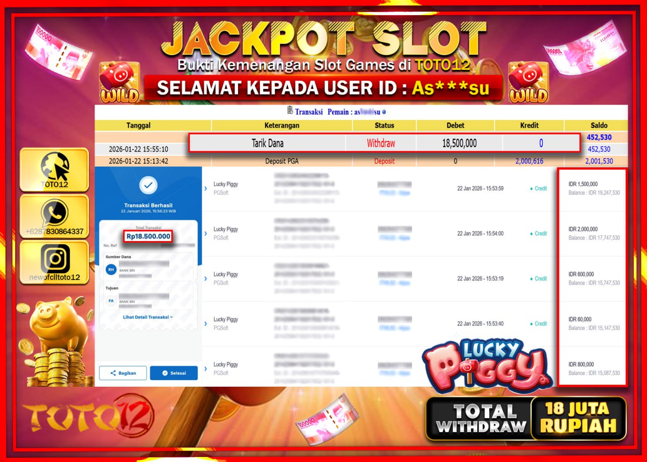 HANYA DI TOTO12 JP PASTI DI BAYAR LUNAS DAN CEPAT!!!!!! JACKPOT SLOT GAME (LUCKY PIGGY) Rp.18.500.000 !!!!
