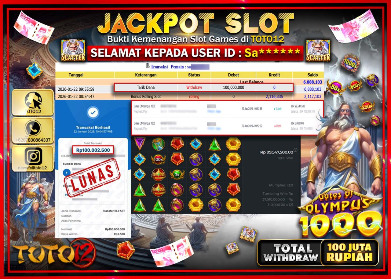 HANYA DI TOTO12 JP PASTI DI BAYAR LUNAS DAN CEPAT!!!!!! JACKPOT SLOT GAME (GATES OF OLYMPUS 1000) Rp.100.000.000 !!!!