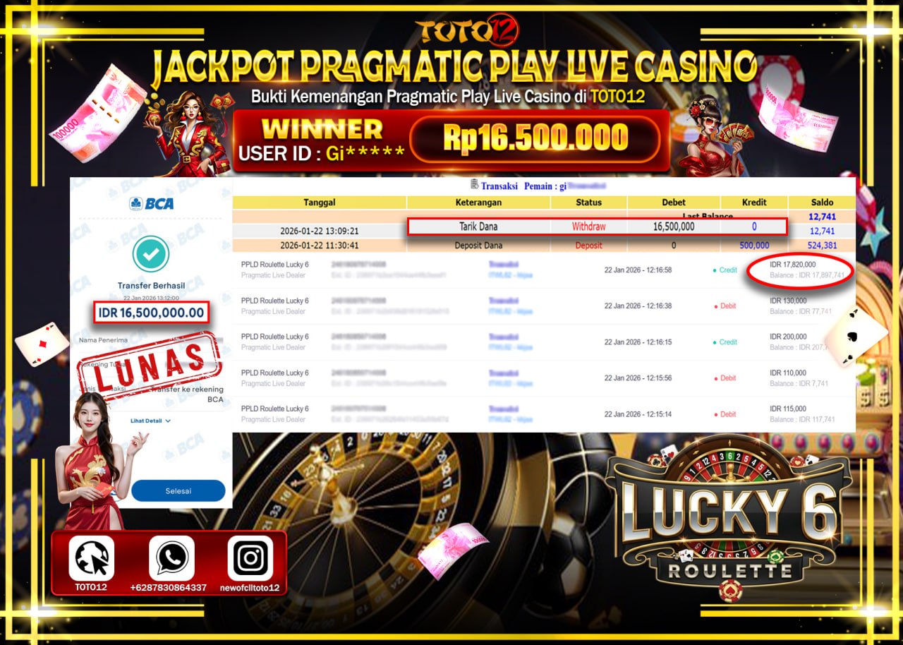HANYA DI TOTO12 JP PASTI DI BAYAR LUNAS DAN CEPAT!!!!!! JACKPOT PRAGMATIC PLAY LIVE CASINO (ROULETTE LUCKY 6) Rp.16.500.000 !!!!