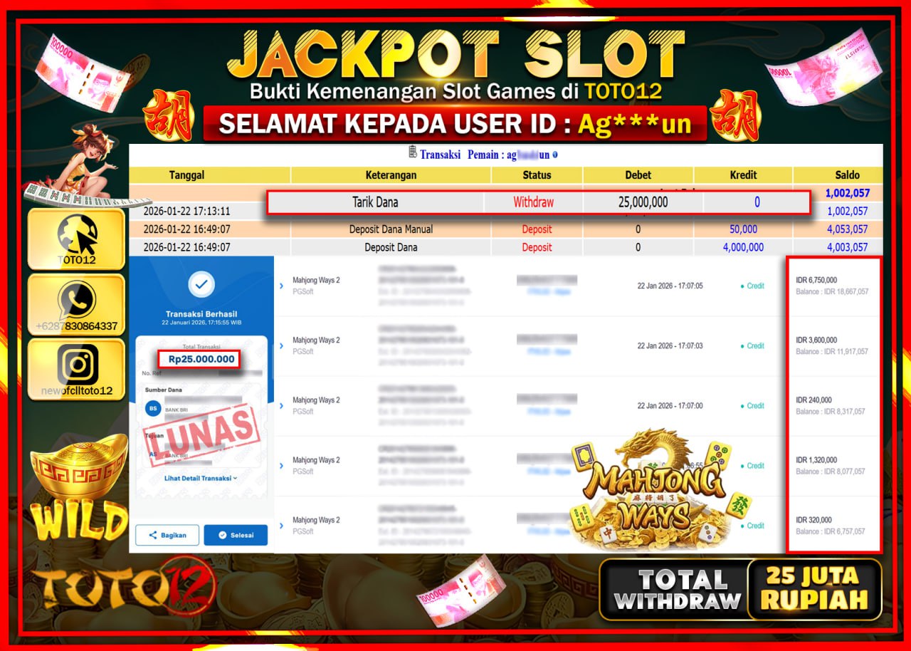 HANYA DI TOTO12 JP PASTI DI BAYAR LUNAS DAN CEPAT!!!!!! JACKPOT SLOT GAME (MAHJONG WAYS) Rp.25.000.000 !!!!
