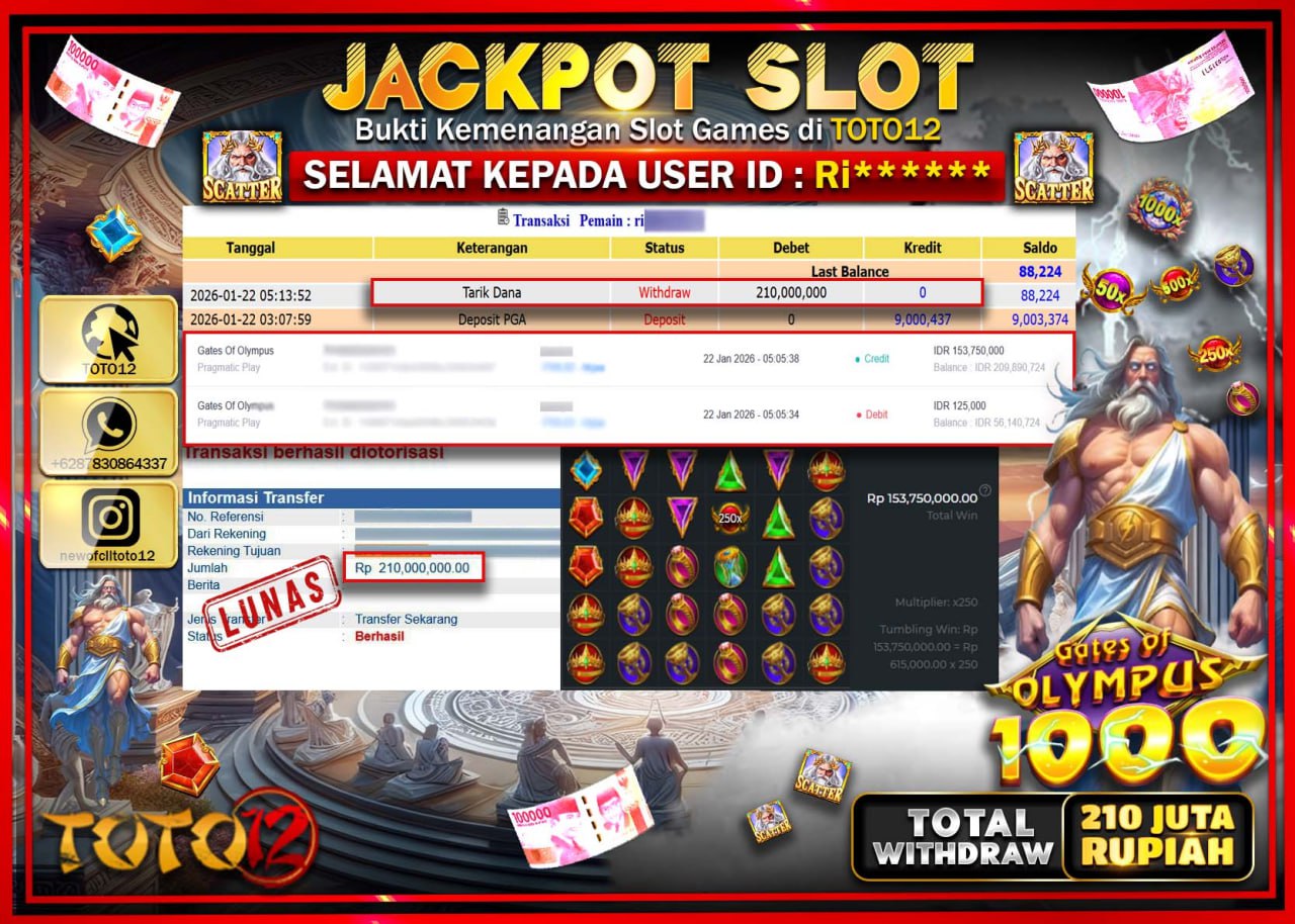 HANYA DI TOTO12 JP PASTI DI BAYAR LUNAS DAN CEPAT!!!!!! JACKPOT SLOT GAME (GATES OF OLYMPUS 1000) Rp.210.000.000 !!!!