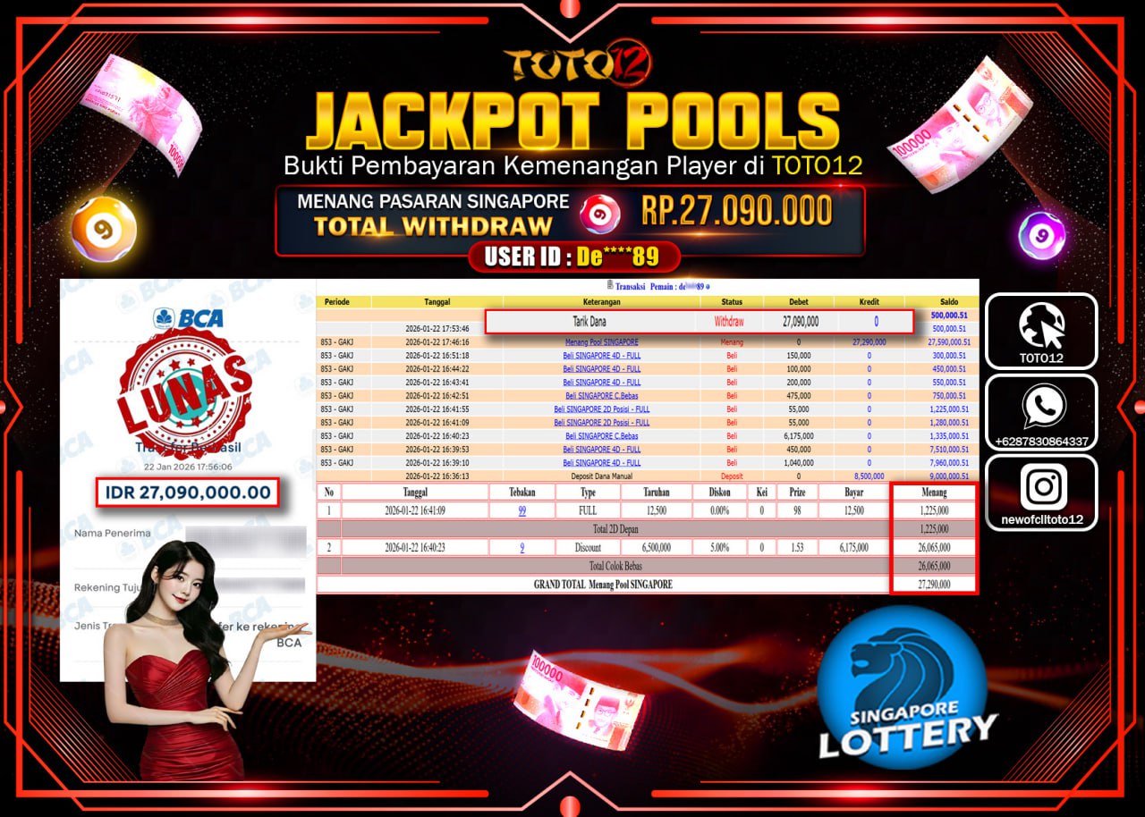 HANYA DI TOTO12 JP PASTI DI BAYAR LUNAS DAN CEPAT!!!!!! JACKPOT POOLS PASARAN (SINGAPORE) Rp.27.090.000 !!!!