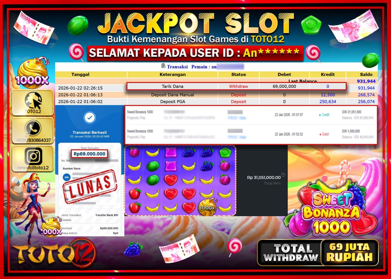 HANYA DI TOTO12 JP PASTI DI BAYAR LUNAS DAN CEPAT!!!!!! JACKPOT SLOT GAME (SWEET BONANZA 1000) Rp.69.000.000 !!!!