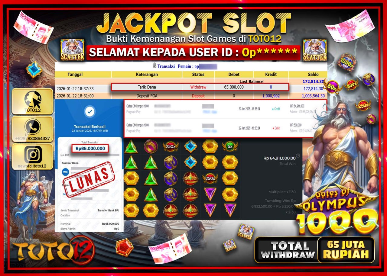 HANYA DI TOTO12 JP PASTI DI BAYAR LUNAS DAN CEPAT!!!!!! JACKPOT SLOT GAME (GATES OF OLYMPUS 1000) Rp.65.000.000 !!!!