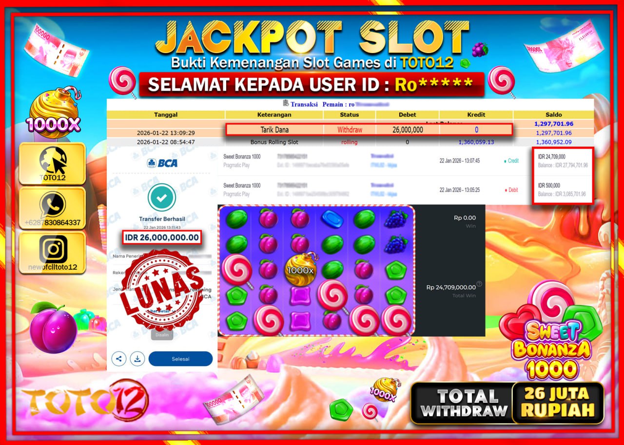 HANYA DI TOTO12 JP PASTI DI BAYAR LUNAS DAN CEPAT!!!!!! JACKPOT SLOT GAME (SWEET BONANZA 1000) Rp.26.000.000 !!!!