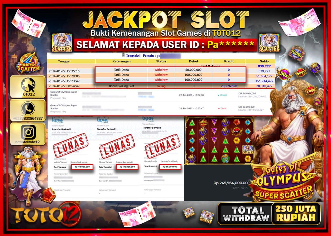 HANYA DI TOTO12 JP PASTI DI BAYAR LUNAS DAN CEPAT!!!!!! JACKPOT SLOT GAME (GATES OF OLYMPUS SUPER SCATTER) Rp.250.000.000 !!!!
