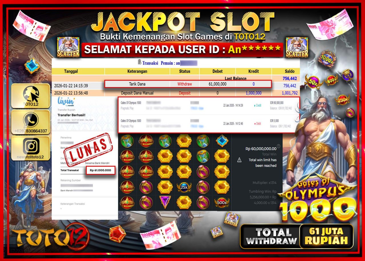 HANYA DI TOTO12 JP PASTI DI BAYAR LUNAS DAN CEPAT!!!!!! JACKPOT SLOT GAME (GATES OF OLYMPUS 1000) Rp.61.000.000 !!!!