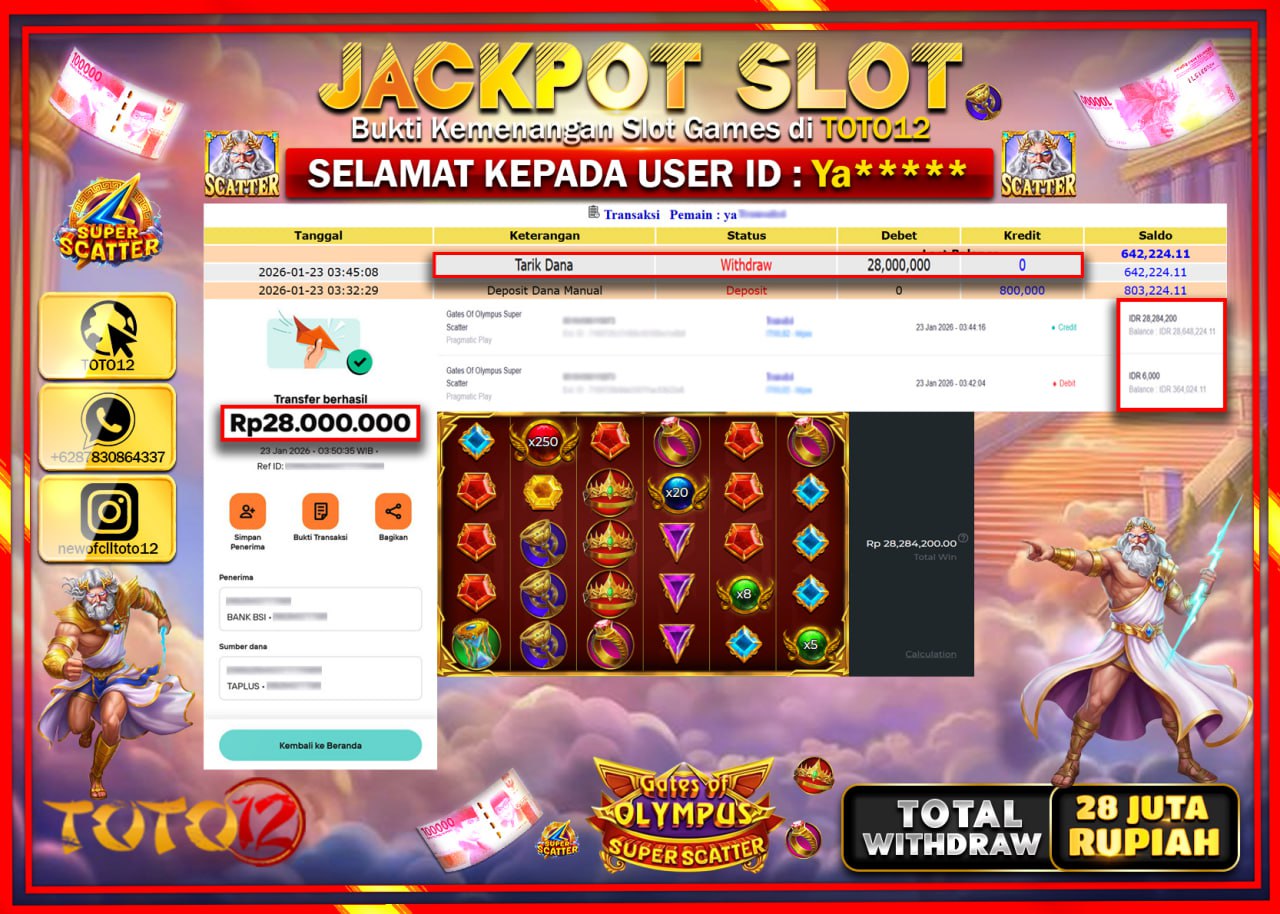 HANYA DI TOTO12 JP PASTI DI BAYAR LUNAS DAN CEPAT!!!!!! JACKPOT SLOT GAME (GATES OF OLYMPUS SUPER SCATTER) Rp.28.000.000 !!!!