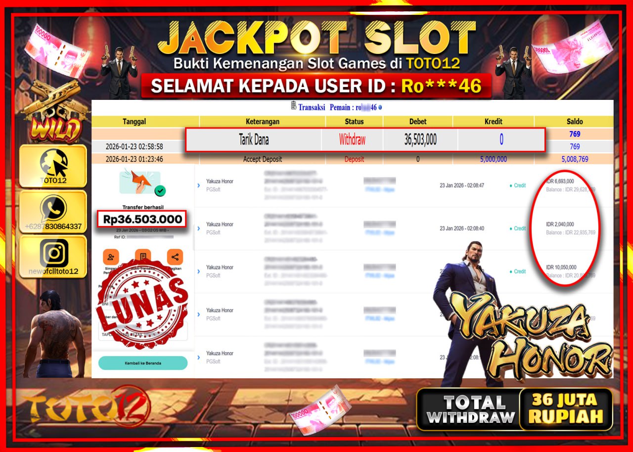 HANYA DI TOTO12 JP PASTI DI BAYAR LUNAS DAN CEPAT!!!!!! JACKPOT SLOT GAME (YAKUZA HONOR) Rp.36.503.000 !!!!
