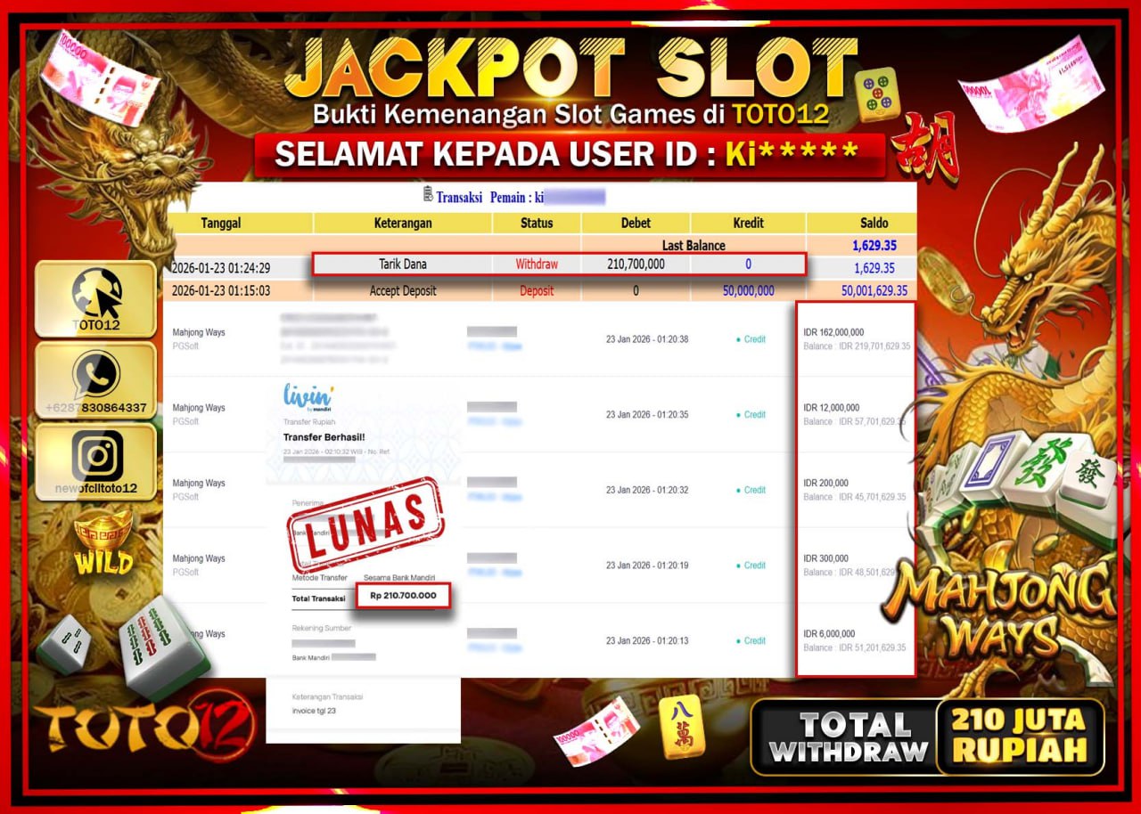 HANYA DI TOTO12 JP PASTI DI BAYAR LUNAS DAN CEPAT!!!!!! JACKPOT SLOT GAME (MAHJONG WAYS) Rp.210.700.000 !!!!