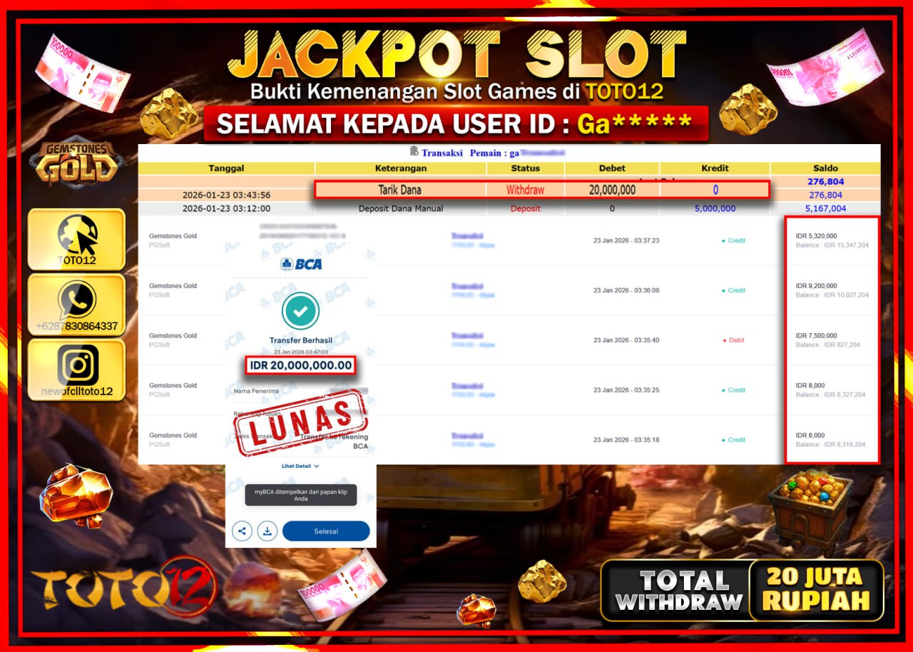 HANYA DI TOTO12 JP PASTI DI BAYAR LUNAS DAN CEPAT!!!!!! JACKPOT SLOT GAME (GEMSTONES GOLD) Rp.20.000.000 !!!!