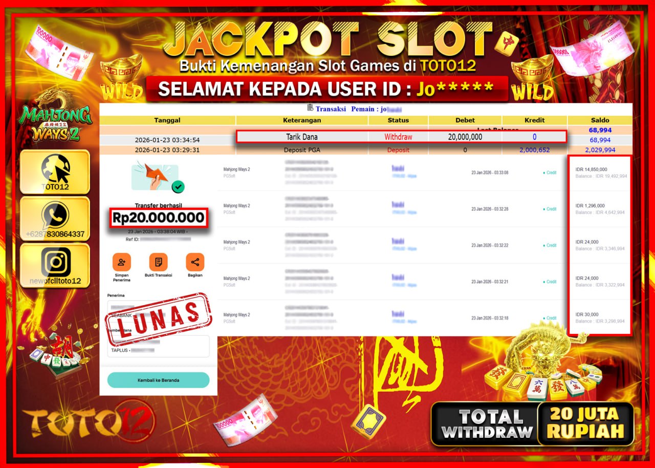 HANYA DI TOTO12 JP PASTI DI BAYAR LUNAS DAN CEPAT!!!!!! JACKPOT SLOT GAME (MAHJONG WAYS 2) Rp.20.000.000 !!!!