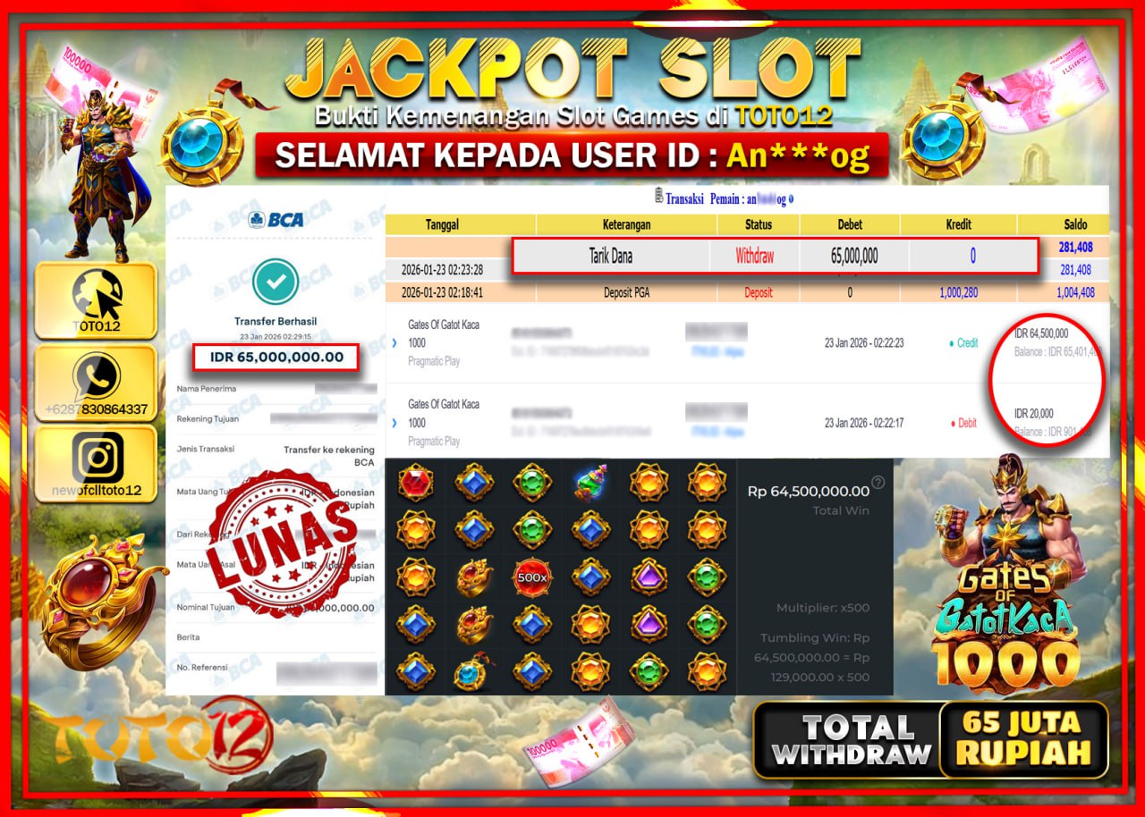 HANYA DI TOTO12 JP PASTI DI BAYAR LUNAS DAN CEPAT!!!!!! JACKPOT SLOT GAME (GATES OF GATOT KACA 1000) Rp.65.000.000 !!!!